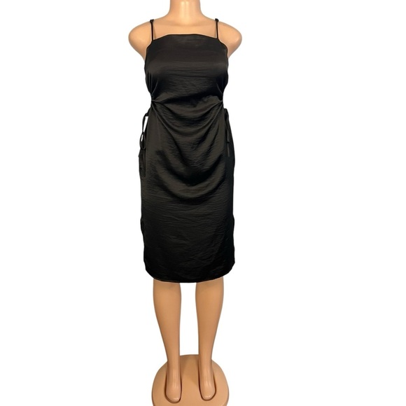 House of Harlow 1960 Solid Black Open Drawstring Sides Satin Mini Dress - Picture 1 of 11